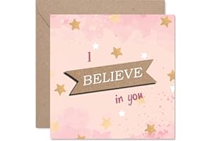 Supportive Good Luck Card - You've Got This - Pink and Gold Stars with Uplifting 'I BELIEVE in You' - 5.7 Inch Square, Envelo