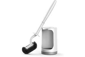 HAMITOR Toilet Brush and Holder Set: Curved Design Toilet Bowl Cleaner Brush for Deep Cleaning Under Rim - Flexible Bristles 