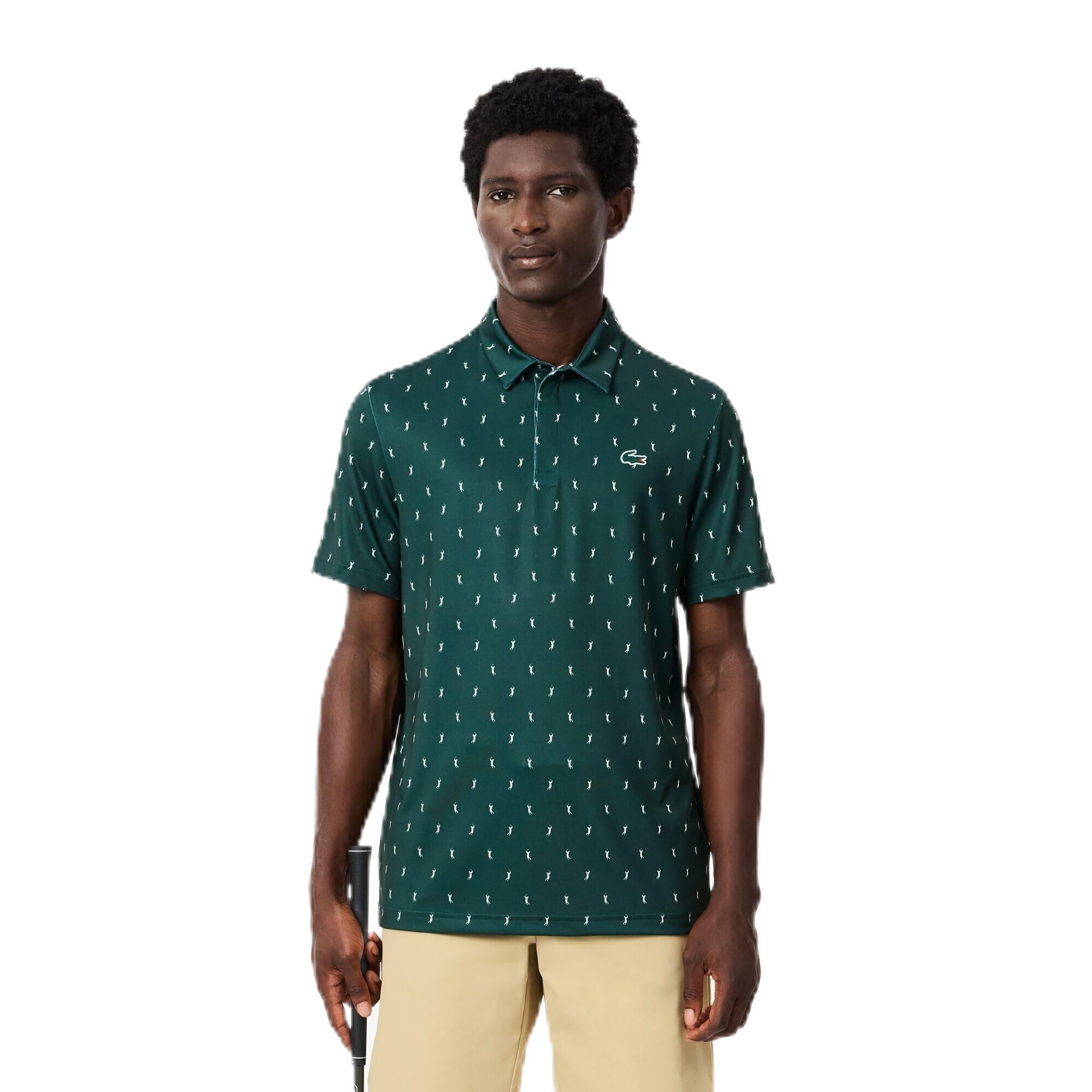 Lacoste Men’s Anti-UV Printed Golf Polo Shirt, Forest Green/Flour, Large