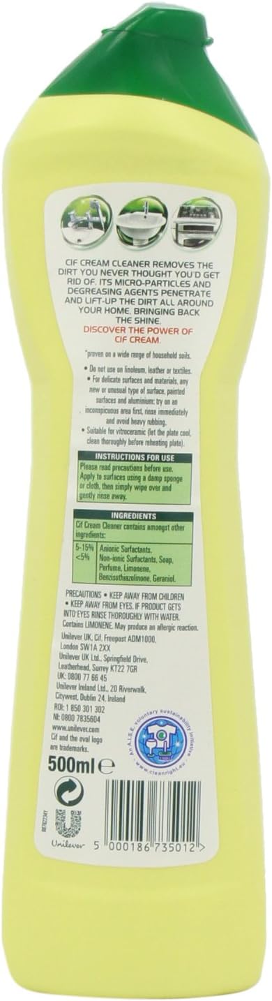 Cif Pack of 4 Lemon Cream Cleaner multipurpose surface cleaner with 100% natural cleaning particles removes 100% of the toughest dirt 500 ml - Image 3