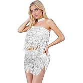 Baisdan Sequin Skirts for Women (Waist/Bust Under 31.5"), Sparkly Skirts for Girls 2 Piece Set, Tassel Skirt for Kids, 2pack