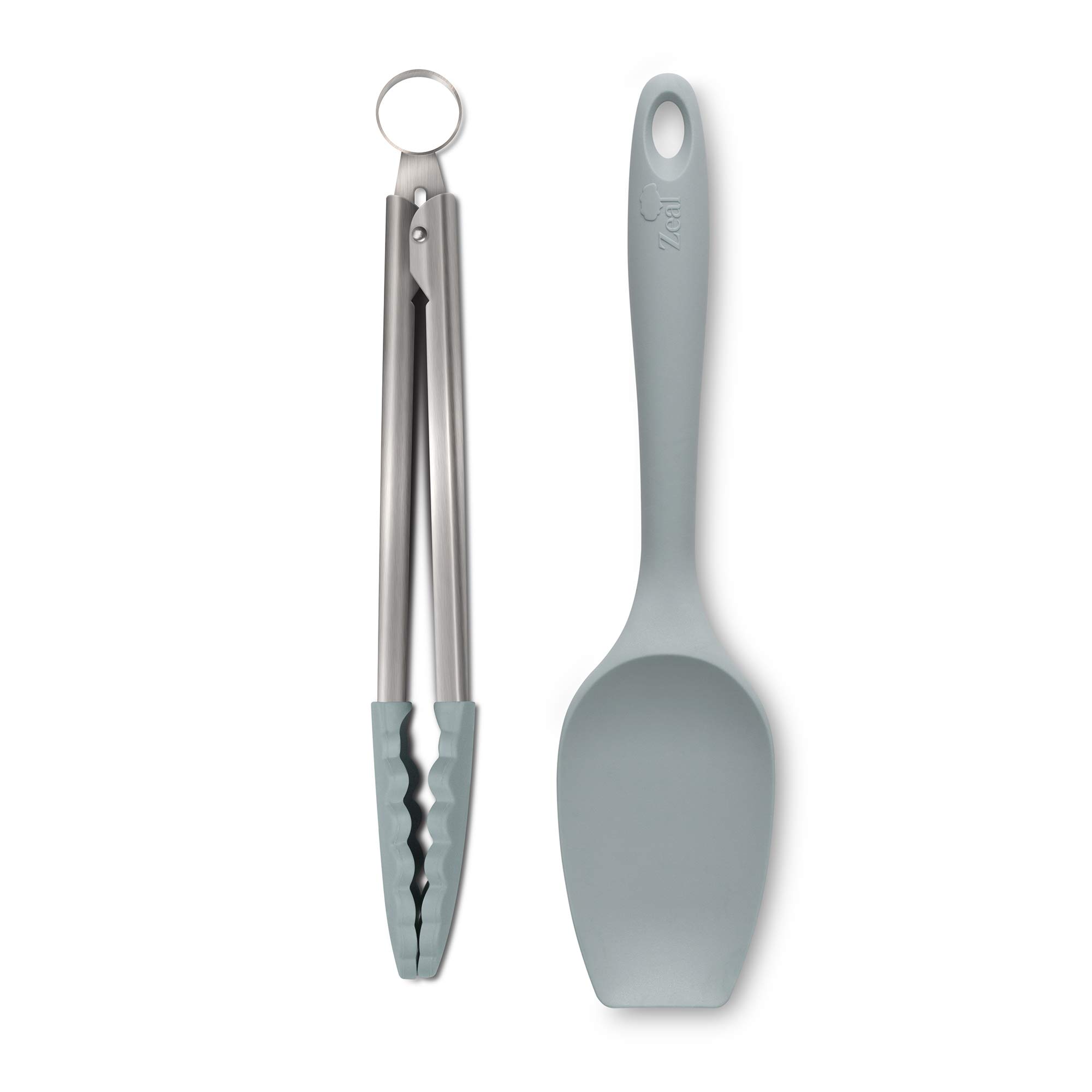 Zeal JSET11B Non-Stick Silicone Large Spatula Spoon & Cooking Tongs 2-Piece Set-Duck Egg Blue