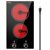 VEVOR Electric Cooktop, Built-in Electric Stove Top, with Glass Panel, Knob Control, 11 Heat Levels, for Diverse Cooking Requirements (12inch-2burners/110V)
