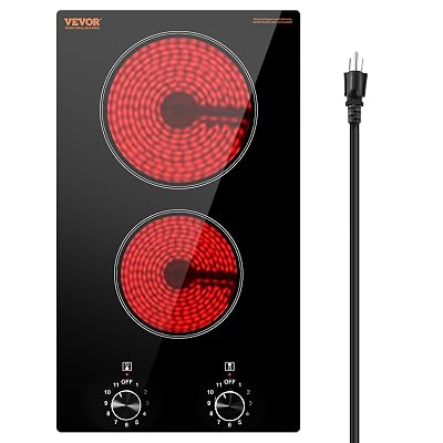 VEVOR Electric Cooktop, Built-in Electric Stove Top, with Glass Panel, Knob Control, 11 Heat Levels, for Diverse Cooking Requirements (12inch-2burners/110V)