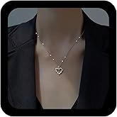 Andelaisi Boho Rhinestone Heart Necklace Silver Crystal Heart Necklace Hollow Cz Love Hearts Pendant Necklaces Vintage Hearts Love Necklaces for Women