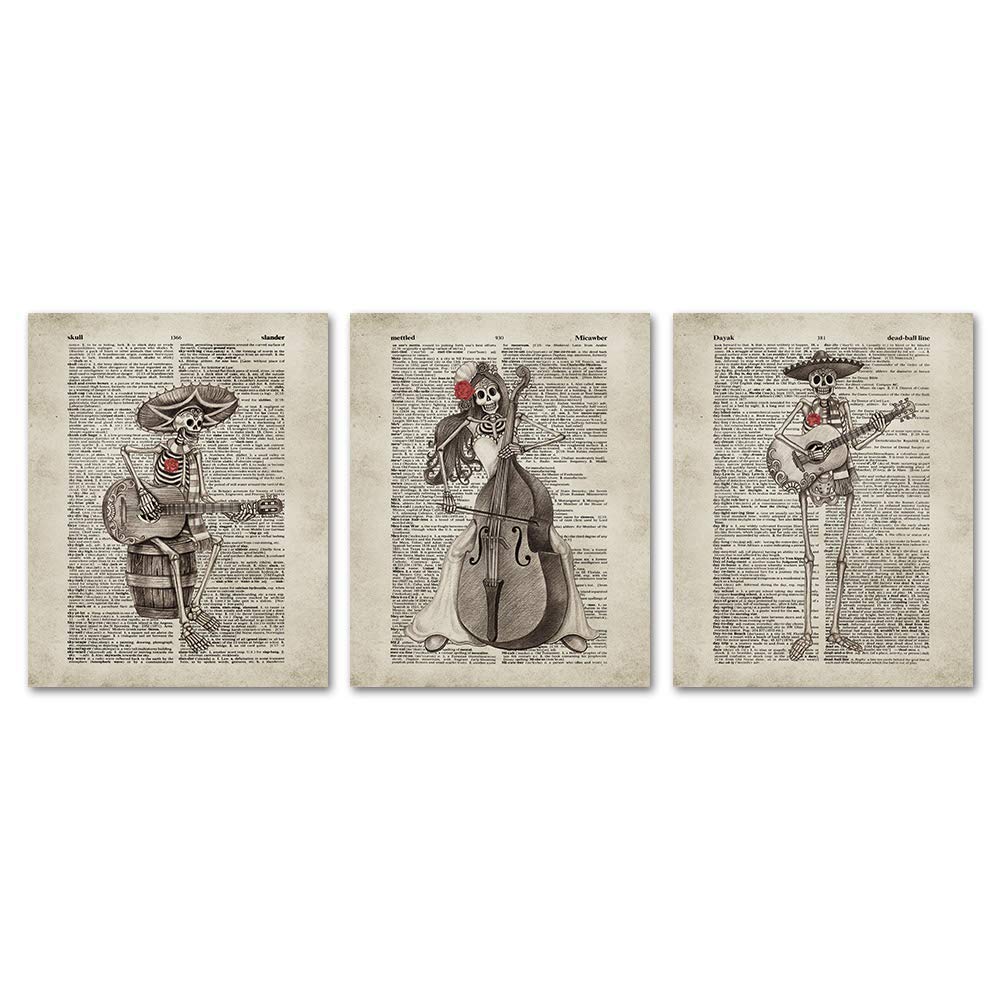 SUMGAR Day of The Dead Vintage Posters Black and White Retro Dictionary Page Art Prints Sugar Skeleton Music Party Skull Theme Set Unframed Poster Decoration Gifts 20x25cmx3 Pieces