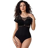 C4N Lace Bodysuit Shapewear for Women Tummy Control, Seamless Sculpting Wearable Scoop Neck Bodysuit to Wear Out (Black)
