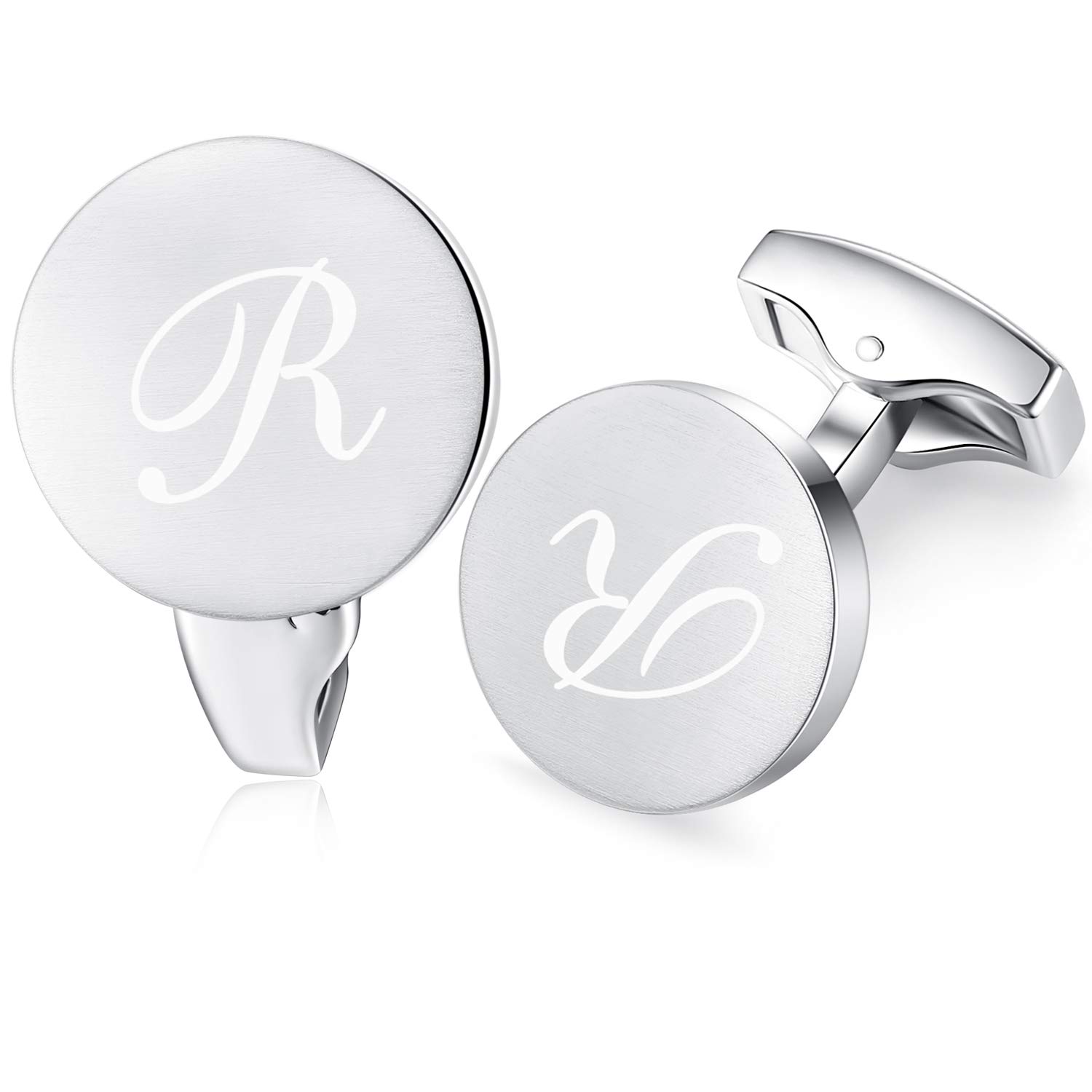 Honey Bear Initial Alphabet Letter Cufflinks for Men, Silver Round Shape Stainless Steel Wedding Business Gifts A - Z (R)
