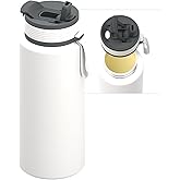 Asobu Boulder Puramic Insulated Sport Water Bottle with Dual Function Flip Open and Straw Lid for Hot Coffee and Cold Ice Coffee with Ceramic Coating 34 oz (White)