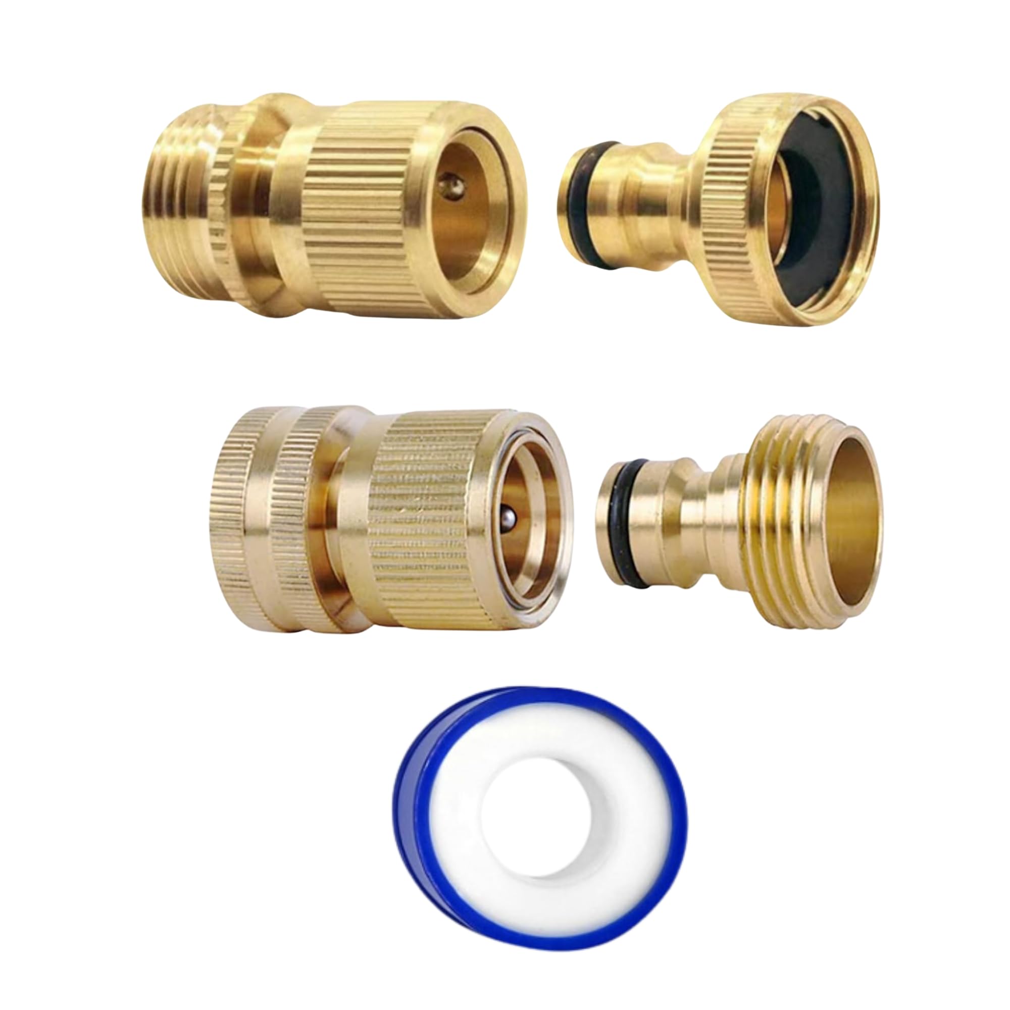 MYPURECORE 2 Pairs Garden Hose Quick Connect Set | 3/4 Inch Solid Brass Hose Fittings with PTFE Tape | Male & Female Adapters for Car Wash, Garden Irrigation, Outdoor Tap & More