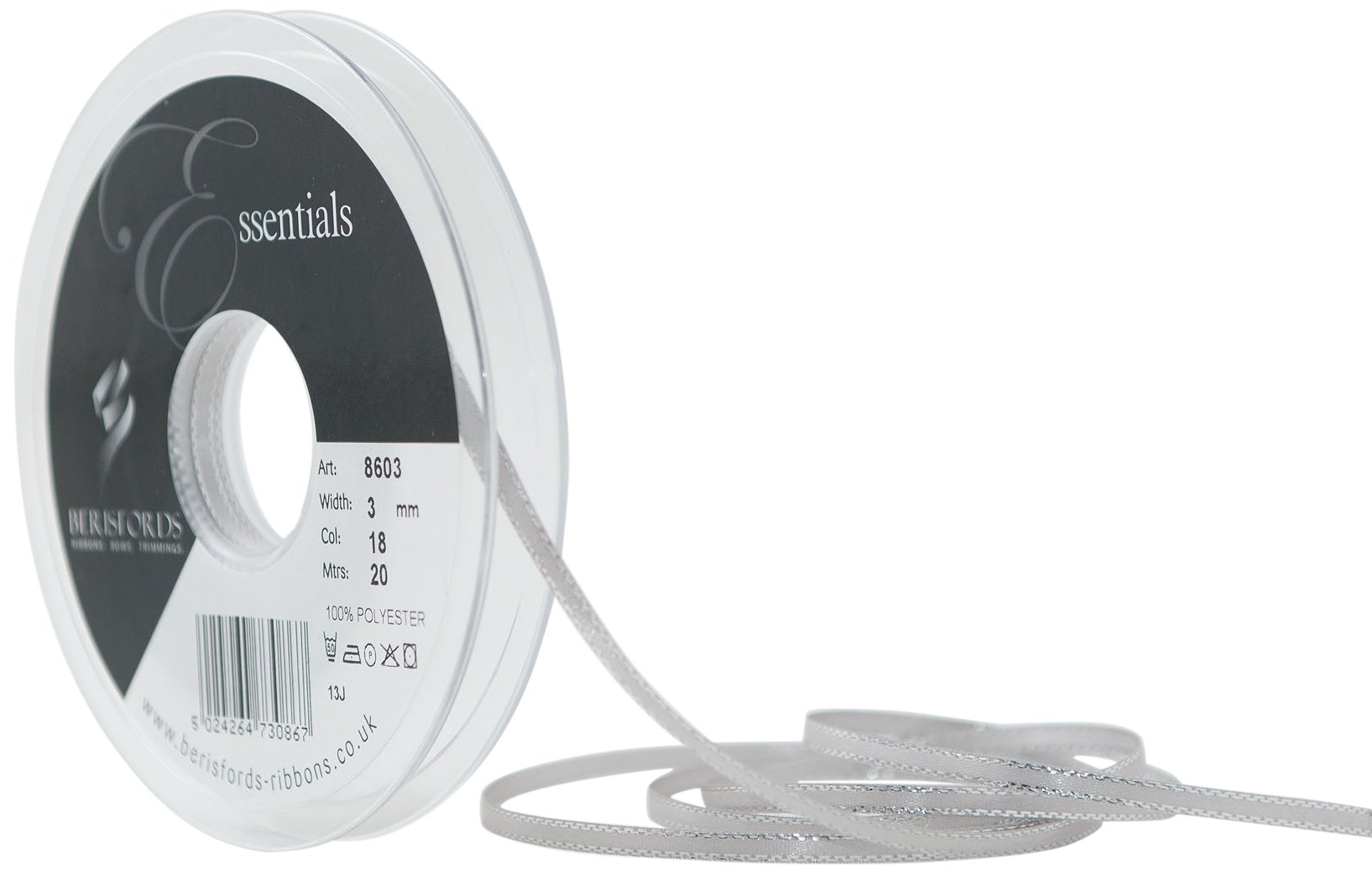 Berisfords 8603-SG-3 3 mm Silver Edge Satin Ribbon, Silver Grey