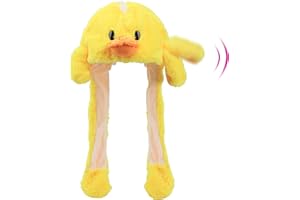 Hopearl Duck Hat with Ears Moving Jumping Pop Up Beating Duckling Hat Plush Farm Animal Holiday Cosplay Dress Up Funny Gift for Kids Boys Girls, Yellow, 22''