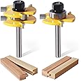 Tongue and Groove Router Bit Set of 2 Pieces, 1/4 Inch Shank, 3 Teeth Adjustable T Shape Wood Milling Cutter, 1/2Inch Cutting Depth，3/4Inch Stock，Woodworking Tools
