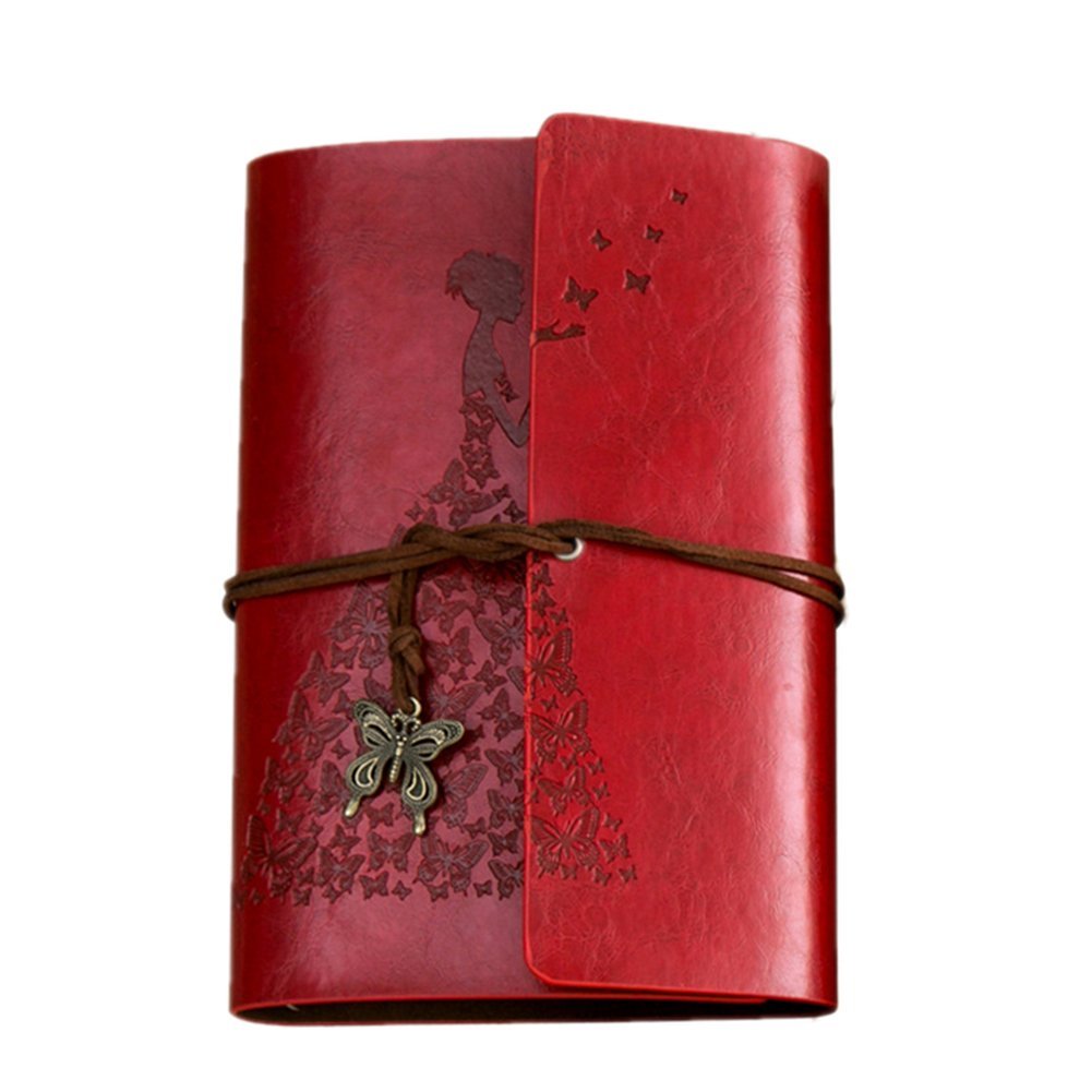 2017 Vintage Butterfly and The Princess Leather Notebook Writing Books Journal Diary PU Cover Ring Binder for Men Women A6 (Red)