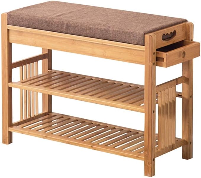 QQXX Bamboo Shoe Bench with Drawer and Seat Cushion, Small 2 Tier