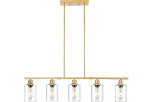 3WWWUEE 39.4" Kitchen Island Lighting, 5 Lights Clear Glass Pendant Light Fixtue, Golden Linear Metal Chandelier for Dining&Living Room Foyer,Height Adjustable,E26 Socket