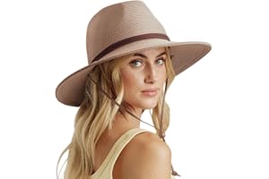 DRESHOW Women Straw Panama Hat Travel Fedora Beach Sun Hat Summer Wide Brim Straw Roll up Hat UPF 50+