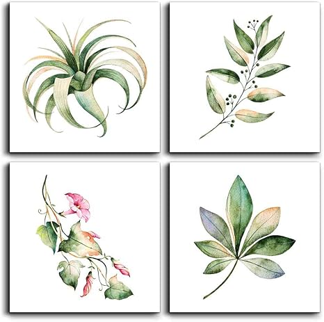 Amazon Com Bathroom Wall Art For Living Room Simple Life Green Plants Wall Decor For Bedroom Artwork 16 X 16 4 Pieces Framed Ready To Hang Home Decoration Kitchen Canvas Prints Green Flower