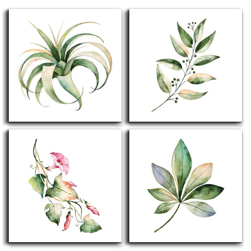 Canvas Wall Art for Kitchen Simple Life Green Plants Wall Decor for Bedroom Artwork 12" x 12" 4 Pieces Framed Ready to Hang Home Decoration Living Room Canvas Prints Green Flower Posters Picture Art