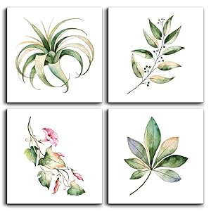 Canvas Wall Art for Kitchen Simple Life Green Plants Wall Decor for Bedroom Artwork 12" x 12" 4 Pieces Framed Ready to Hang Home Decoration Living Room Canvas Prints Green Flower Posters Picture Art