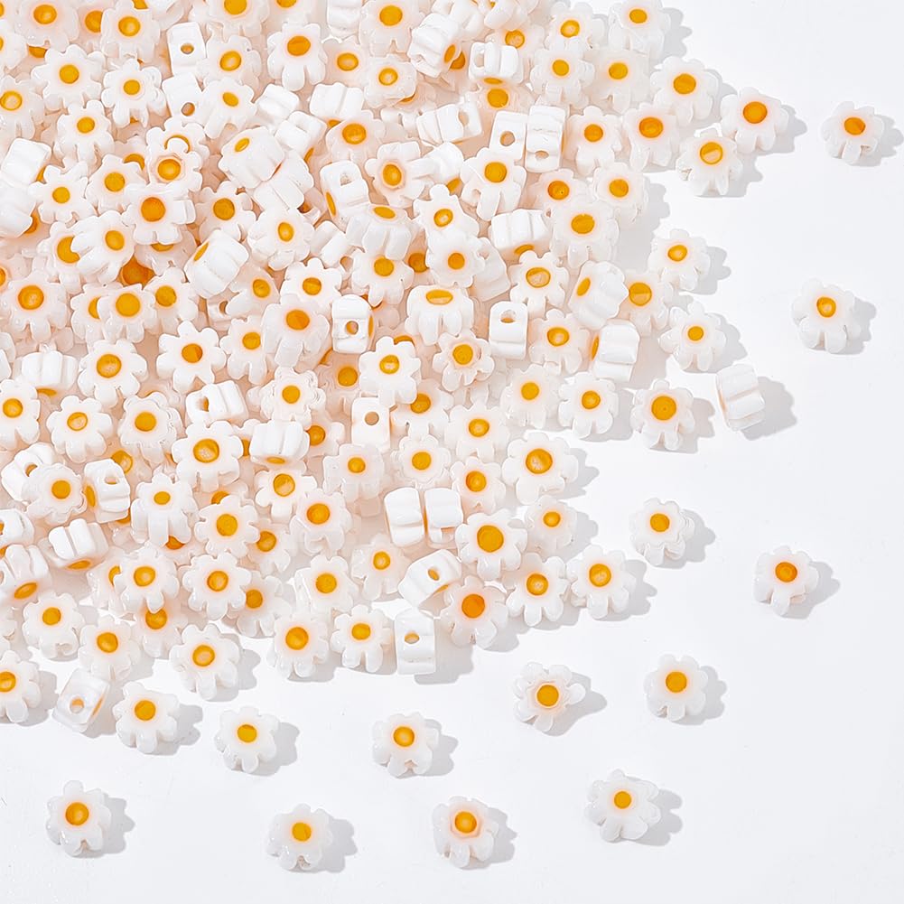 NBEADS About 300 Pcs 3 Strands Daisy Beads, Handmade Millefiori Lampwork Glass Bead Flat White Flower Loose Spacer Bead for DIY Necklace Bracelet Earring Jewelry Making Crafts