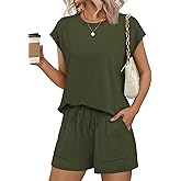 Ekouaer Two Piece Sets for Women Summer Crew Neck Lounge Short Sets Cap Sleeve Drawstring Vacation Outfits with Pocket