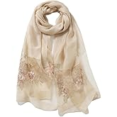 Jeelow Silk Wool Floral Fashion Scarf Shawl Wrap Lightweight Sheer For Women Floral Embroidery Wedding Party Prom