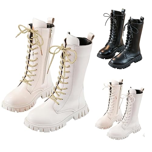 Girls Lace Up Riding Boots Mid Calf Combat Boots Non Slip PU Leather Waterproof Side Zipper Punk Goth Boot Fall Winter Fashion Punk Cowgirl Fleece Lined Solid Color 4-11 Years Gold 11