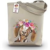 Goat with Flower Crown Tote Bag from Hippie Hound Studios - Goat Gifts for Mom - Handmade Totes - Goat Canvas Totes - Cute Goat Reusable Shopping Bag - Goat Lover Gifts - Grocery Bag - Beach Bag