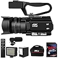 Video Camera 4K HD Newest Auto Focus Camcorder 48MP 60FPS 30X Digital Zoom Camera for YouTube LED Function 4500mAh Battery wi