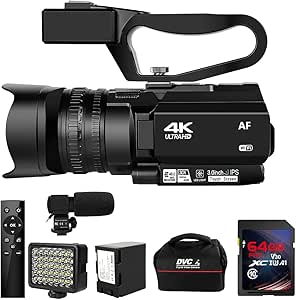 Video Camera 4K HD Newest Auto Focus Camcorder 48MP 60FPS 30X Digital Zoom Camera for YouTube LED Function 4500mAh Battery with Handheld Stabilizer, Remote Control,Microphone and 64G SD Card