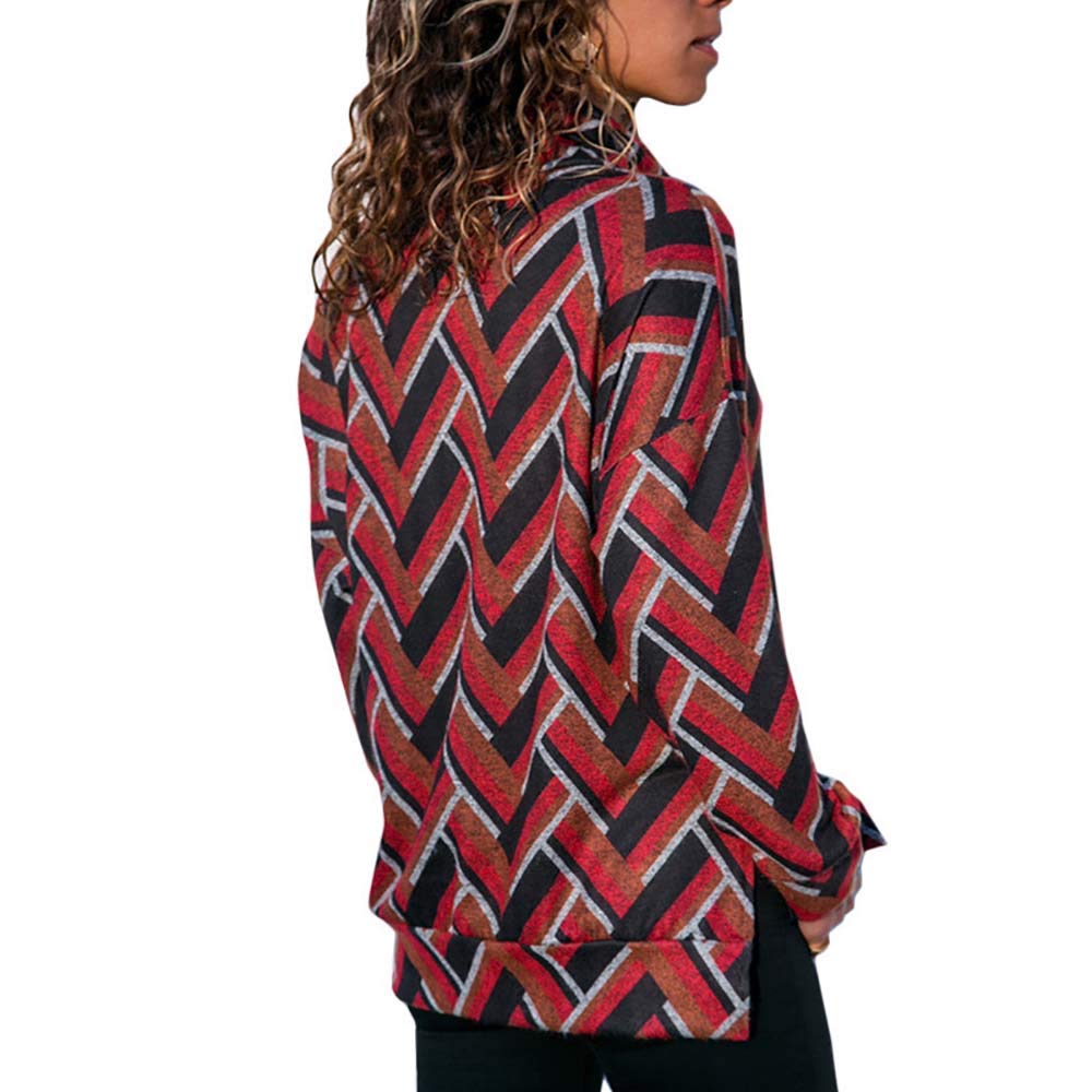 Pevor Womens Casual Henley Shirts Turtleneck Long Sleeve Geometric Print Pullover Sweatshirts Loose Fit Plain Tunic Tops Blouse Red XL