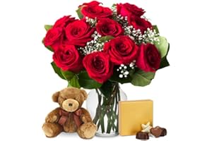 From You Flowers - One Dozen Red Roses & Chocolate & Teddy Bear with Glass Vase | Fresh Flower Bouquets for Birthday, Anniversary, Get Well or Celebration