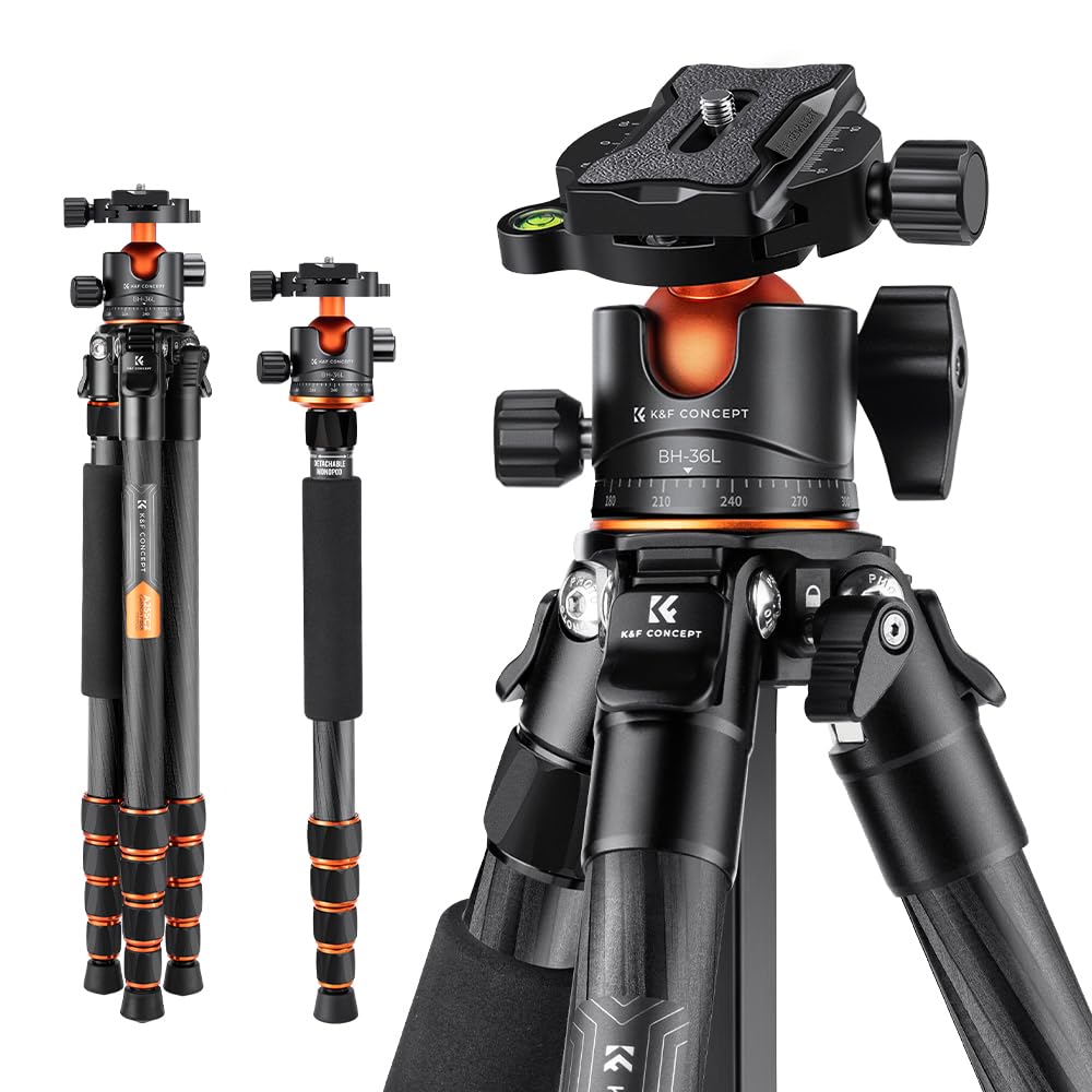 K&F Concept Carbon Fiber Camera Tripod, 62inch Compact Lightweight Tripod Monopod with Ball Head Carrying Bag Loading Up to 33lbs/15KG for DSLR Canon Nikon Sony A255C2+BH-36L — image 1