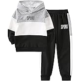JOLYSHILD Boy's 2 Piece Outfits Long Sleeve Hooded Pullover Colorblock Tops and Sweat Pants Fall Winter Set 3-14Y
