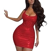 AIBEARTY Women PU Leather Bodycon Dress Sexy Sleeveless Low Cut Back Zipper Elastic Mini Dress Party Club Dresses