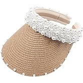 CALLARON Pearl Embellished Straw Sun Visor Hat for Women Wide Brim Uv Protection Summer Beach Hat with Ponytail Opening