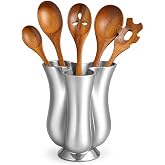 nambe Tulip Tool Jug with 5 Piece Kitchen Tool Set | Utensil Holder for Countertop with Assorted Kitchen Utensils | Made from Nambe Alloy and Acacia Wood