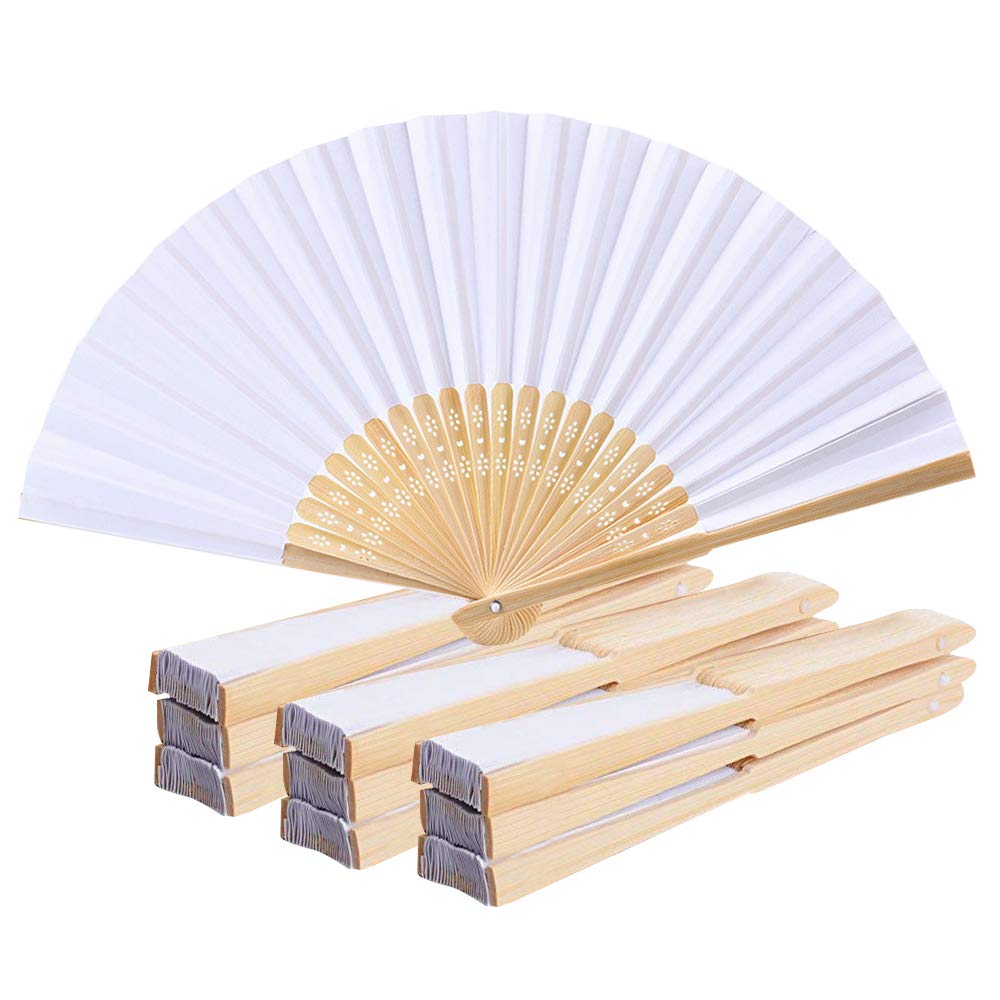 NETUME Pack of 10 White Paper Fans, White Wood and Bamboo Wedding Fans, Chinese Mini Paper Fan for Wedding, Calligraphy, Painting, Gift Decoration