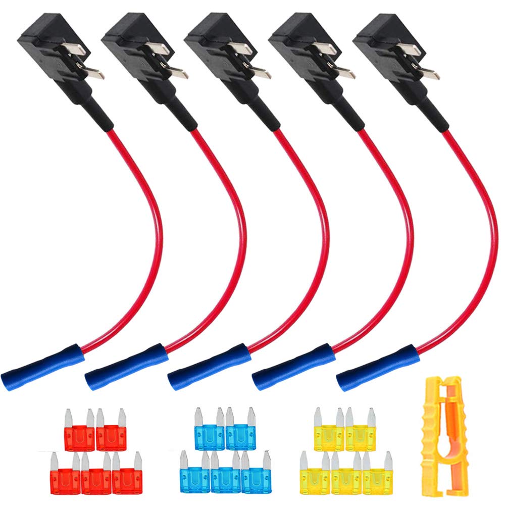 QitinDasen 5pcs Premium 12V / 24V ACS Small PiggyBack Fuse Holder, Car Add-A-Circuit Fuse Tap, with Wire Harness, 15Pcs Mini Blade Fuses, 1Pcs Fuse Puller and 5Pcs Wire Ties