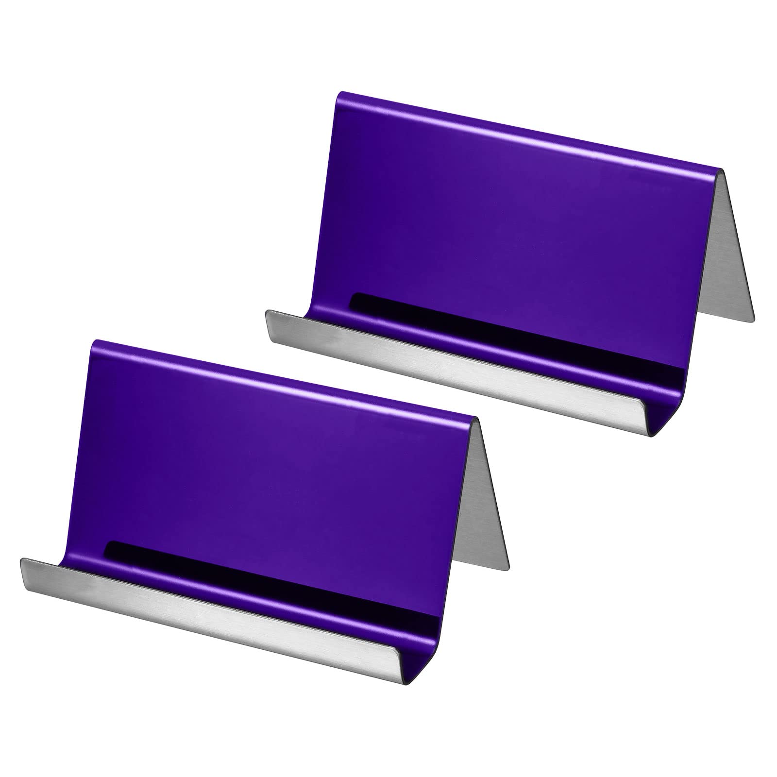 PATIKIL Business Card Holder, 2 Pack Reflective 304 Stainless Steel Desktop Name Cards Display Stand for Office Desk, Purple