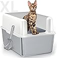 Stainless Steel Litter Box with Lid, 14” XL Stainless Steel Cat Litter Box Enclosure, Extra Large Metal Cat Box, Non-Sticky, Anti Leakage, Easy Cleaning Litter Pan, Include Scoop