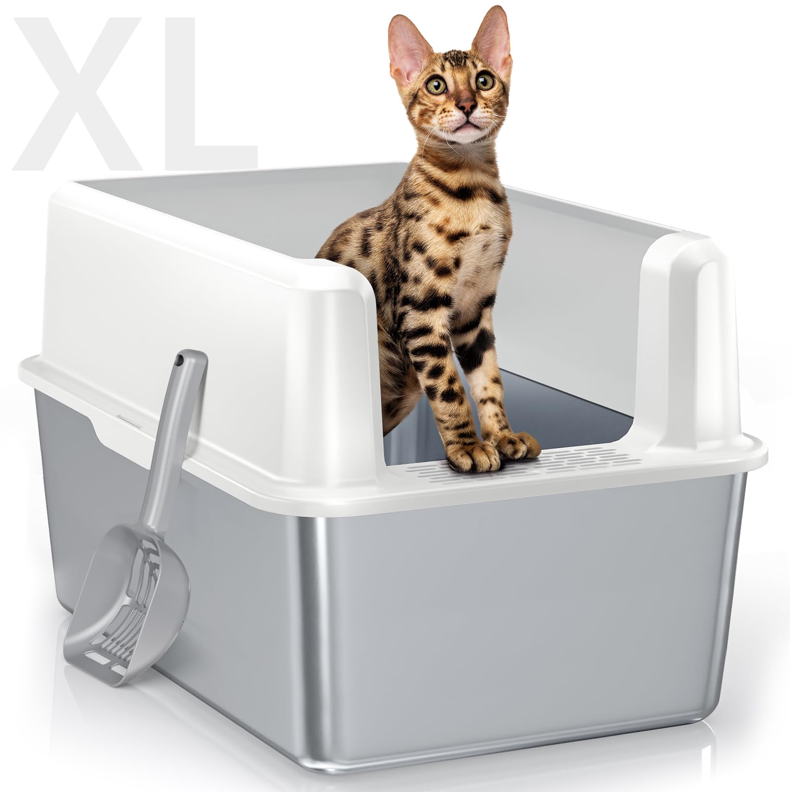 Stainless Steel Litter Box with Lid, 14” XL Stainless Steel Cat Litter Box Enclosure, Extra Large Metal Cat Box, Non-Sticky, Anti Leakage, Easy Cleaning Litter Pan, Include Scoop Image