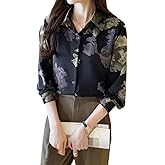 stylFRSH Printed Button Down Satin Blouses for Women Dressy Casual Long Sleeve Shirts Fashion Tops (WS301-P)