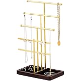 Leijosya modern T-shaped jewelry rack, jewelry tower, gold metal, square ceramic base decoration display tower, necklace, bracelet, ring storage rack (4-layer wooden pallet black)