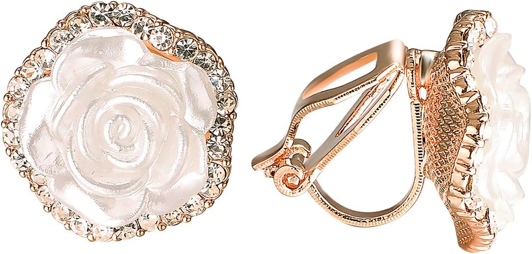 VOGEM Elegant Vintage Earrings For Women White Resin Rose Flower Shaped With CZ Crystals Clip On Earrings