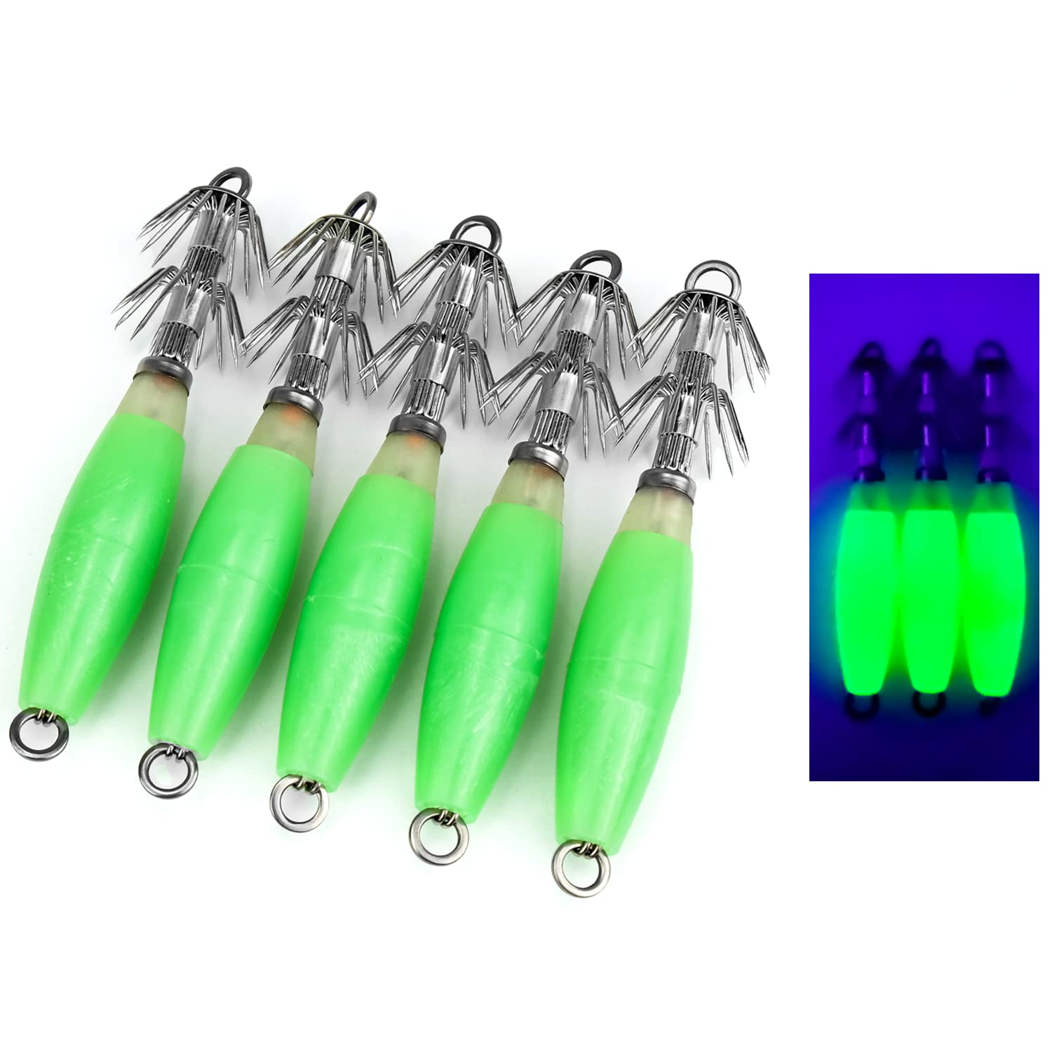 PiscoRush Luminous Squid Jig Hooks Saltwater - 5/10pcs Duo-Layer Hooks Fluorescent Cuttlefish Sleeve Octopus Lures Glow Squid Jigs Kit Hard Fishing Baits Set with Tackle Box (Green, 10pcs with box)