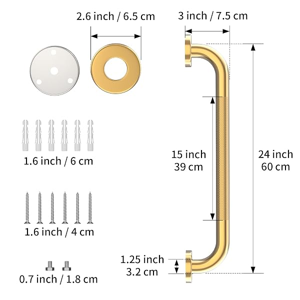 24 INCH ANTI SLIP SHOWER GRAB GOLD, MUNZONG BATHROOM GRAB BAR, KNURLED BATHROOM BALANCE BAR,SAFETY HAND RAIL SUPPORT HANDICAP ELDERLY INJURY SENIOR ASSIST BATH HANDLE