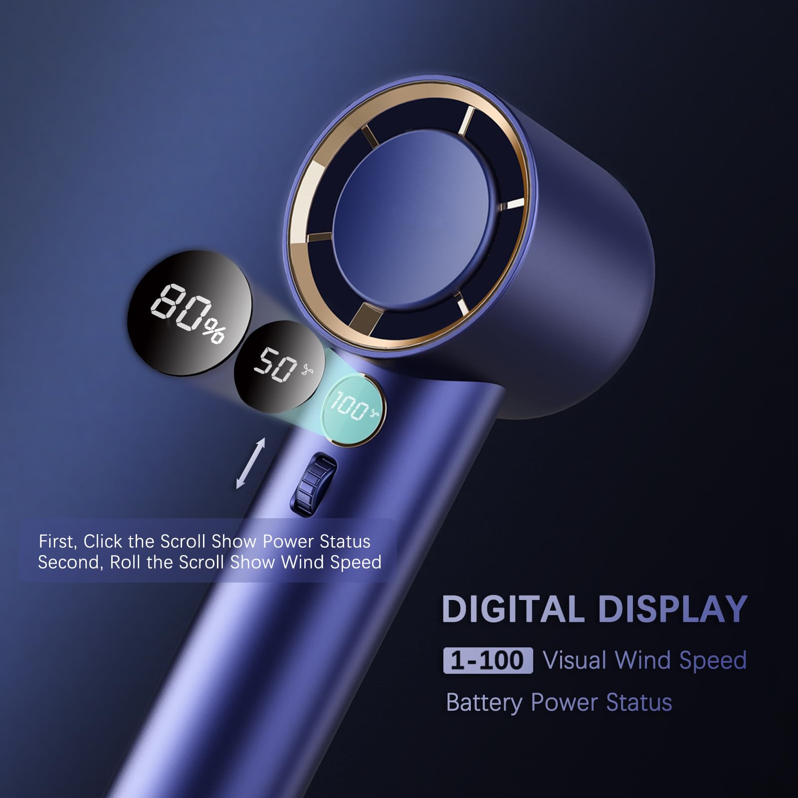 Handheld Fan, 1-100 High Speed Adjustable Turbo Mini, 5000mAh Rechargeable With Digital Display for Travel/Camping/Outdoor/Home/Office (Blue)