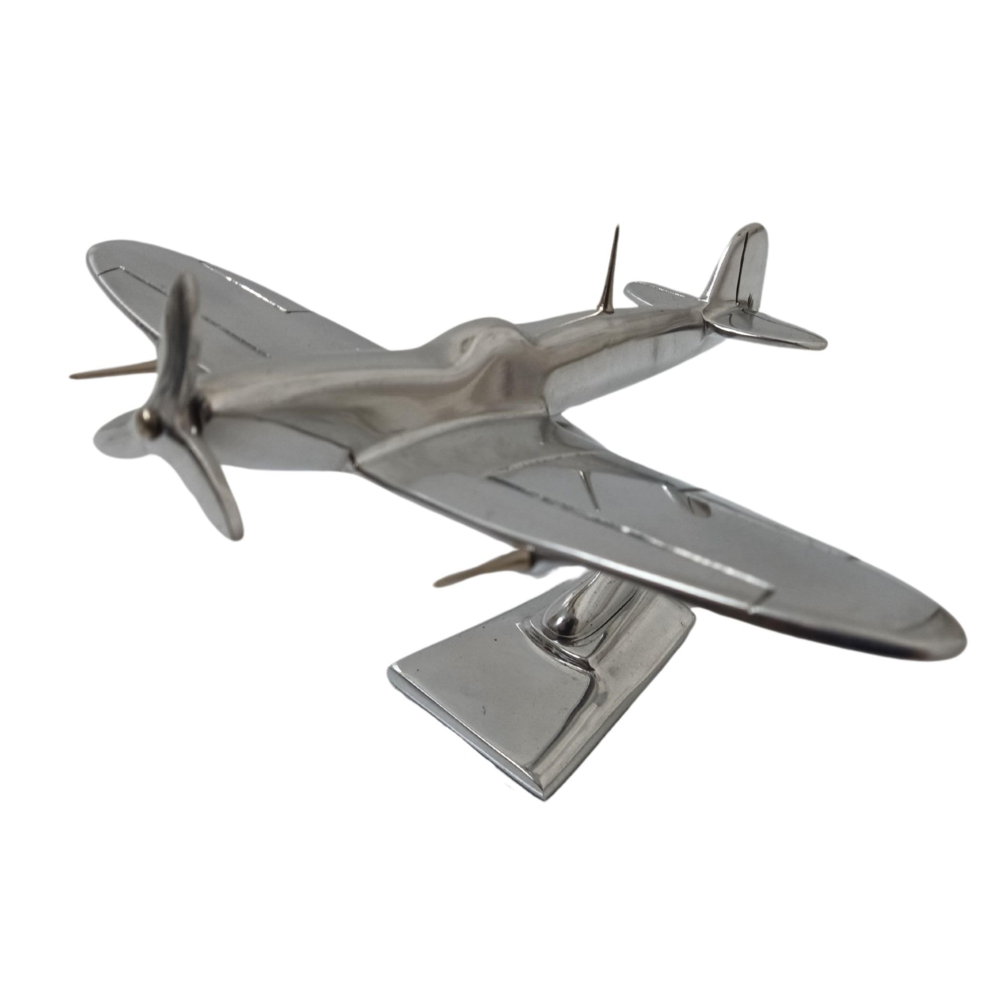 SK Style Spitfire Aeroplane Ornament On Display Stand, This Single Seater Aircract Was The Iconic Fighter Plane Of World War Two And This Model Has A 25cm Wingspan And A Hand Polished Silver Finish
